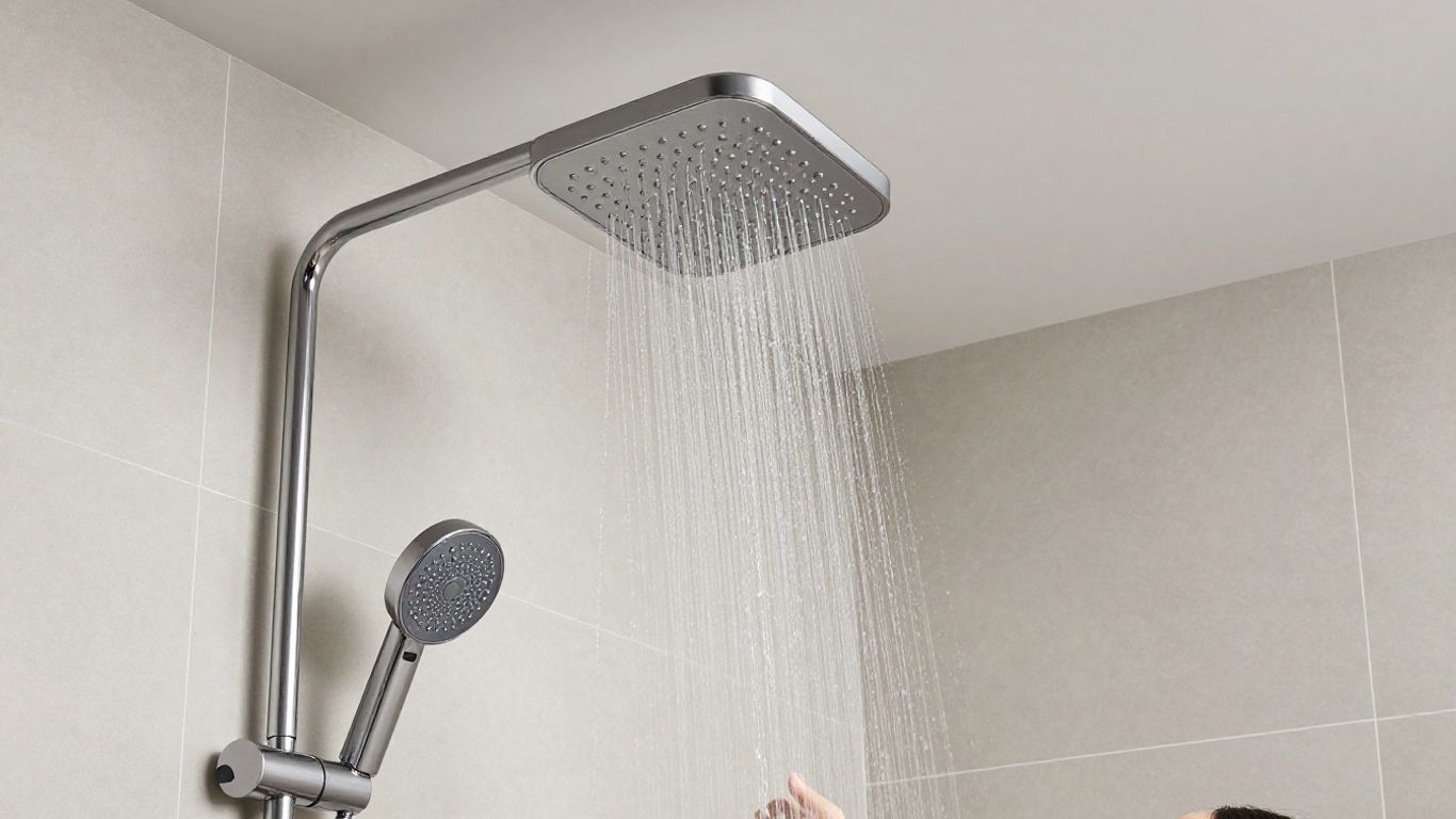 Modern bathroom with ceiling fed shower system.