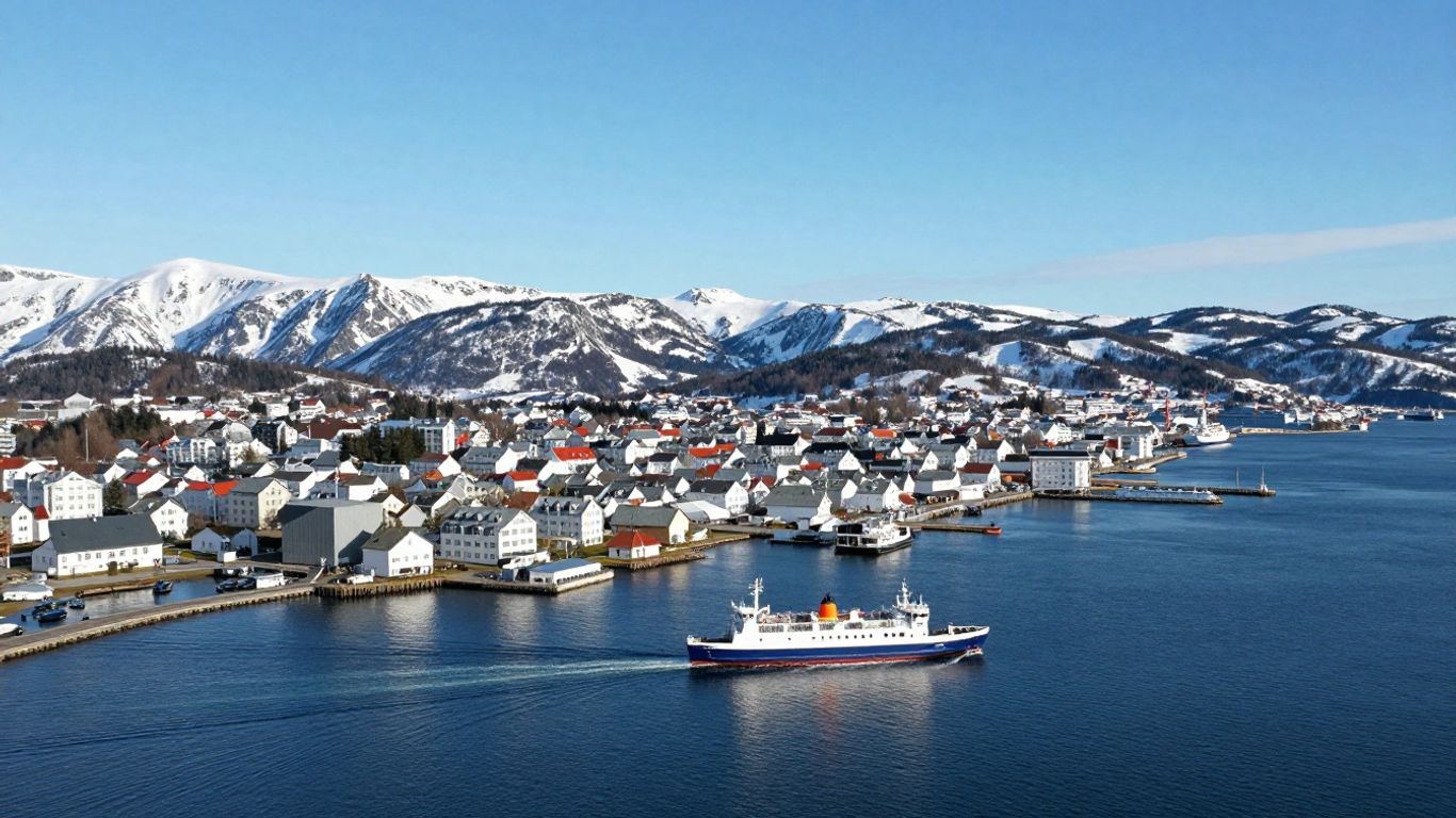 Ferry approaching Bergen harbour with mountains in background.