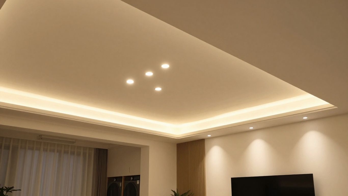 Modern living room with bright LED ceiling lights.