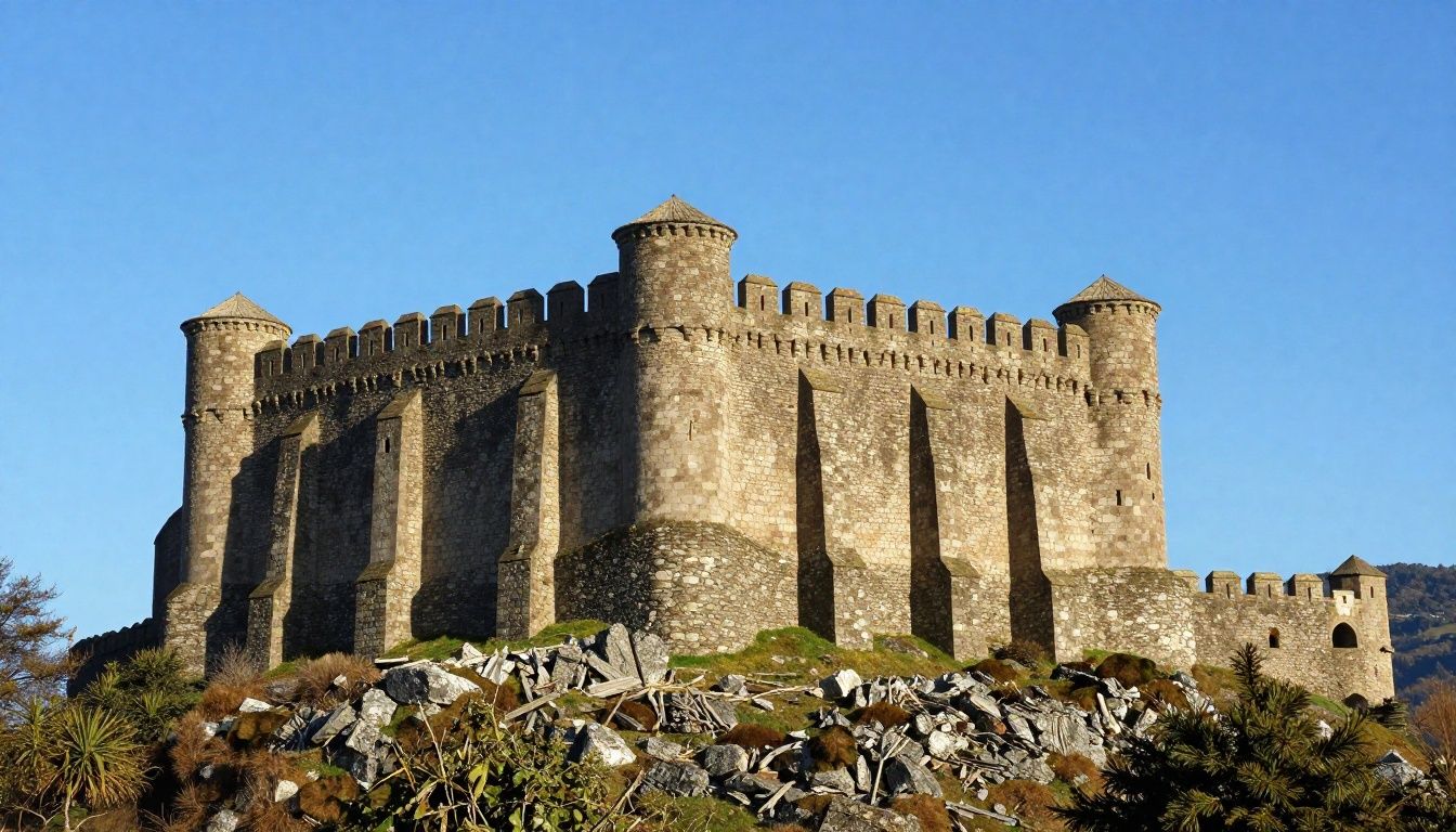 Castelo medieval de pedra no alto de uma colina, cercado por montanhas e com torres refletidas em um rio