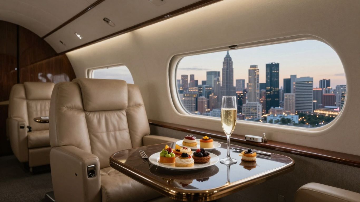 Luxurious private jet interior with city view and champagne.