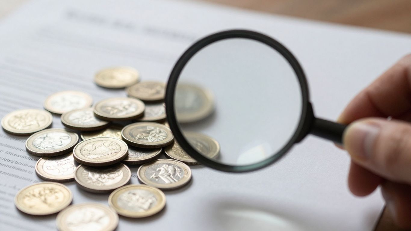 Lupe über Münzen und Dokumenten