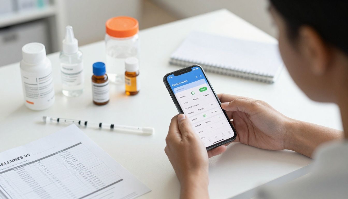 Bright modern health-tech scene with a diverse adult reviewing an organized injection treatment schedule on a smartphone beside neatly arranged medication supplies, wellness notes, lab results, and fitness recovery items; realistic natural lighting, clean contemporary setting, no logos or text, accurate hands, professional yet approachable atmosphere.