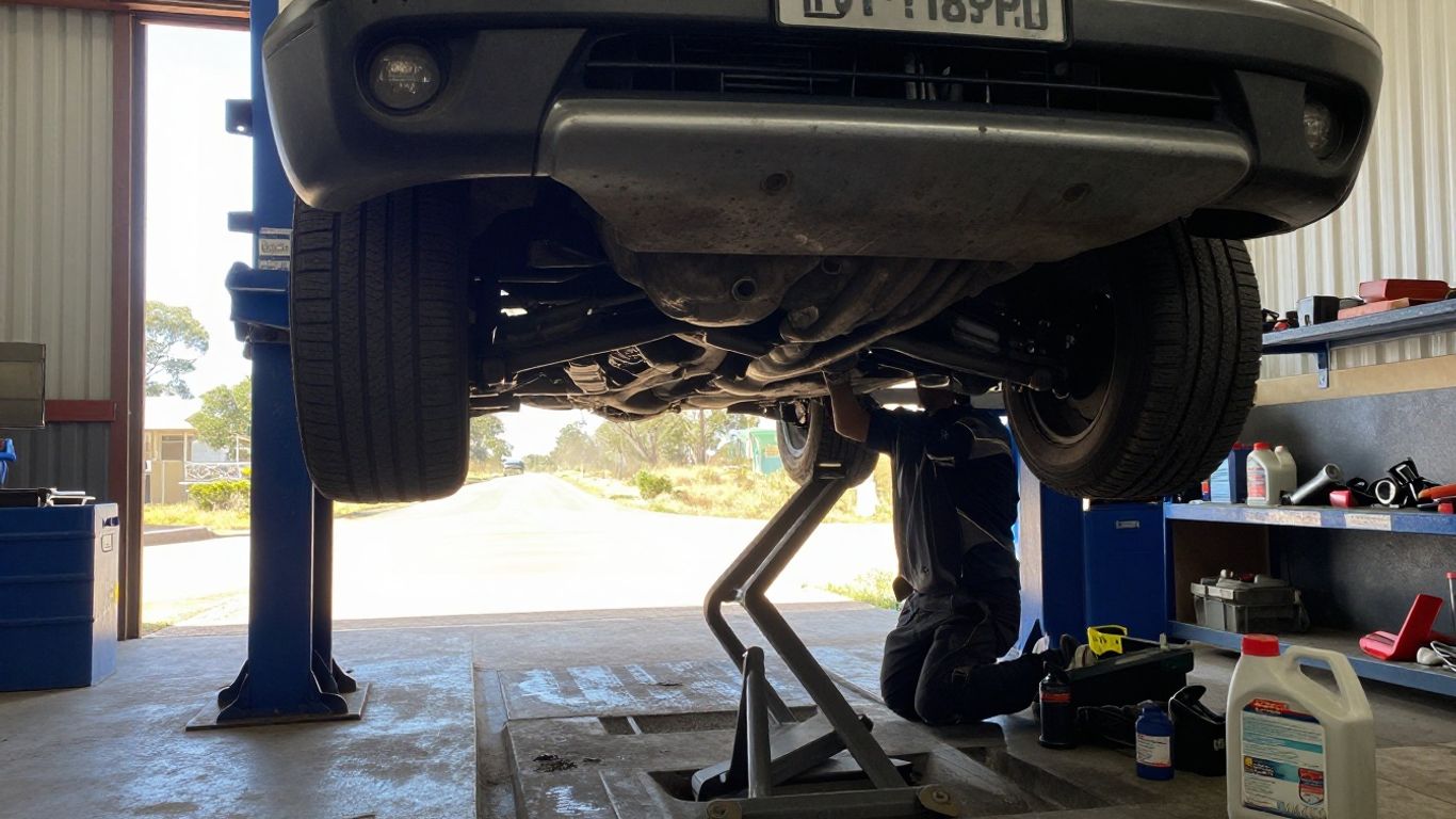 Technician examining a vehicle transmission