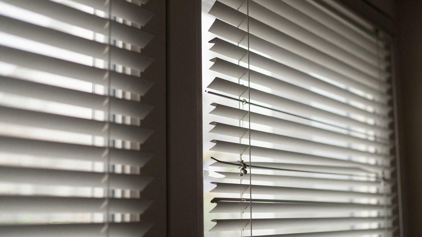 Window blinds angled for privacy and light control.