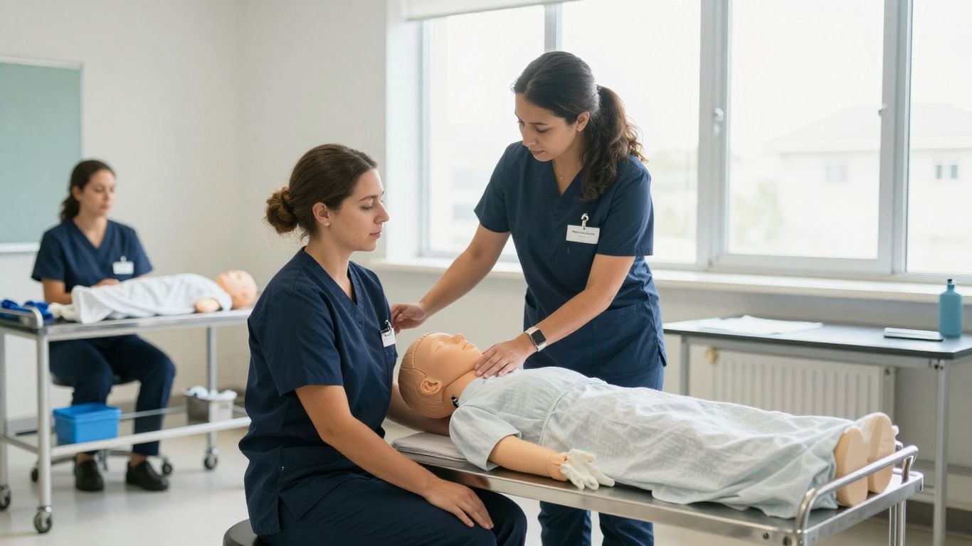 CNA student practicing patient care skills