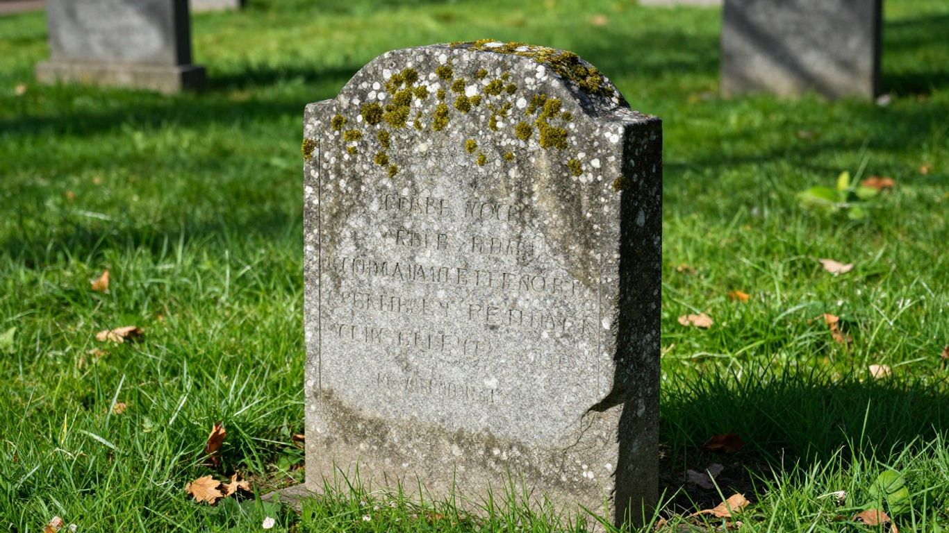 Weathered granite headstone in a sunny cemetery.