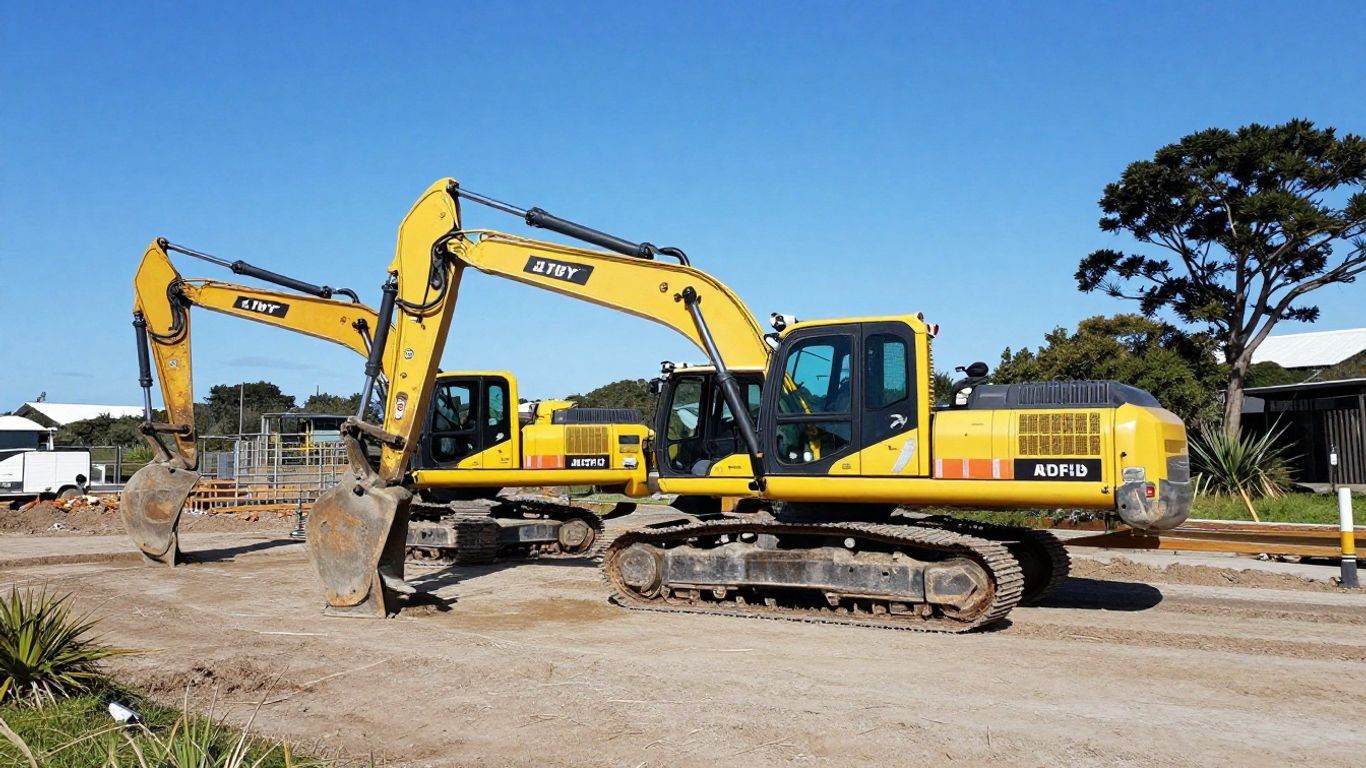 An organized construction site showing earthmoving equipment