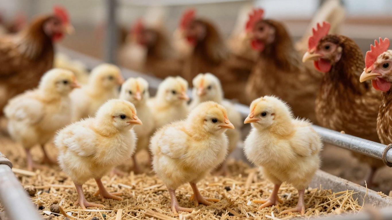 Zdjęcie drobiu w nowoczesnej hodowli z zakwaszaczami.