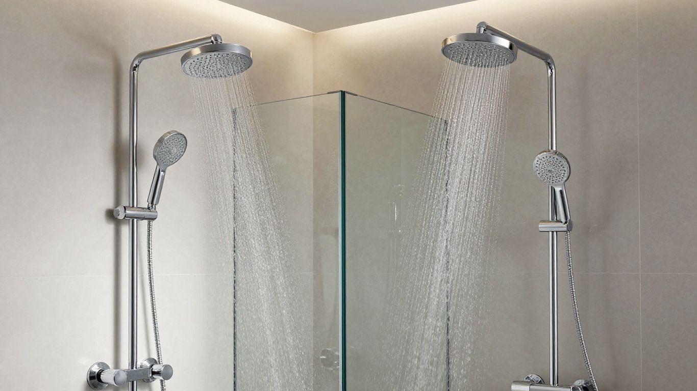 Luxury shower system with multiple showerheads and chrome fixtures.