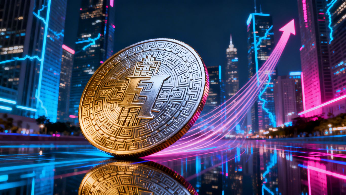 AZTEC token coin soaring upwards with city lights background.