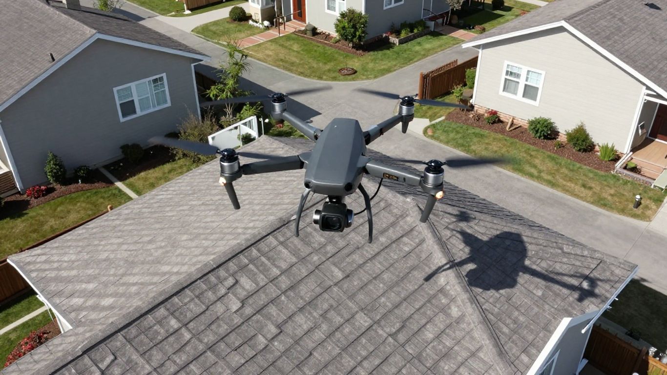 Drone inspecting a residential rooftop from above.
