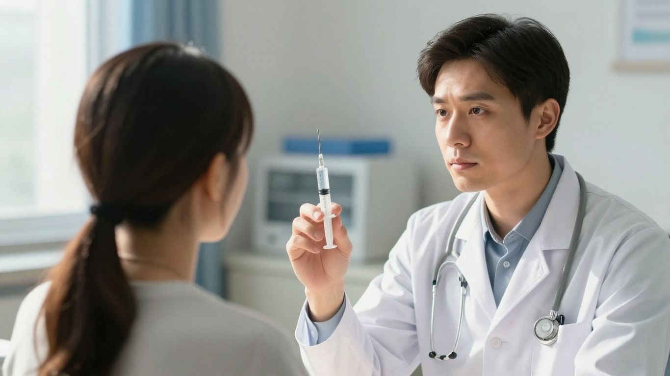 Doctor holding a vaccine syringe in a clinic.