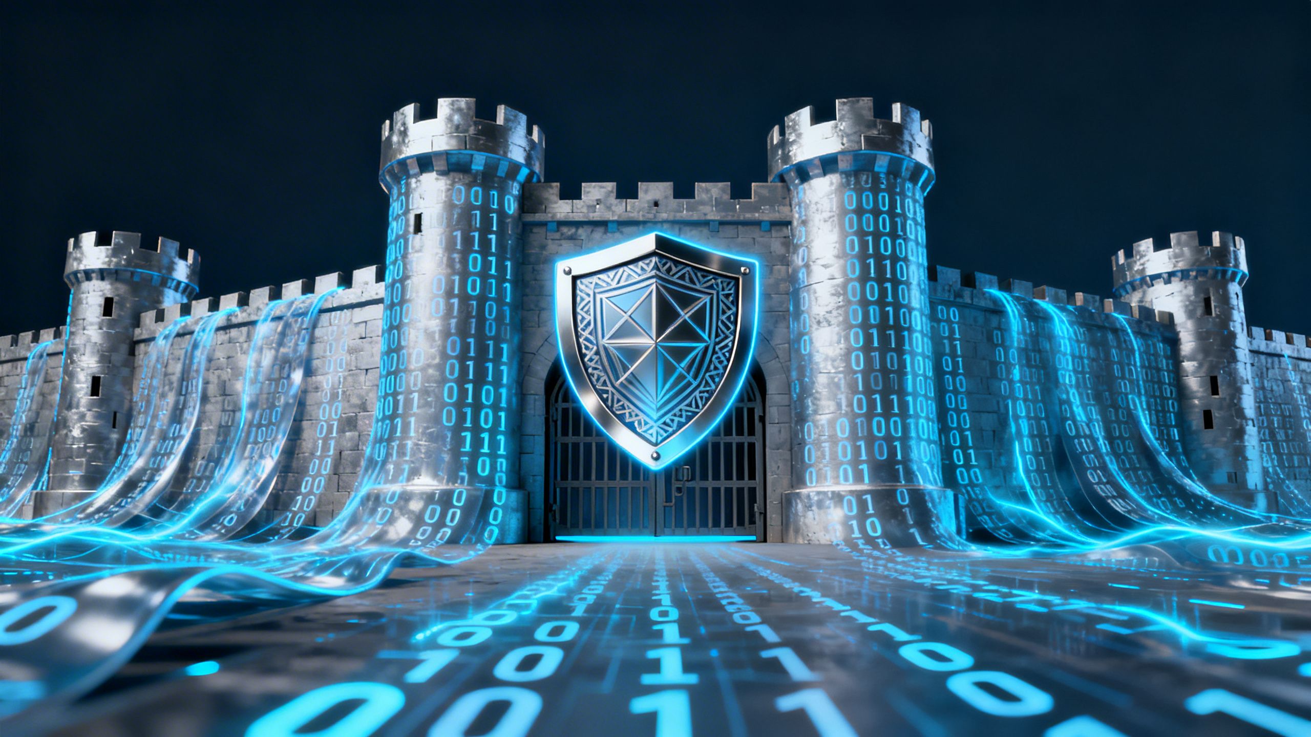 A digital fortress with walls made of binary code, with a shield icon on the main gate, symbolizing robust security from formal verification for eCommerce.