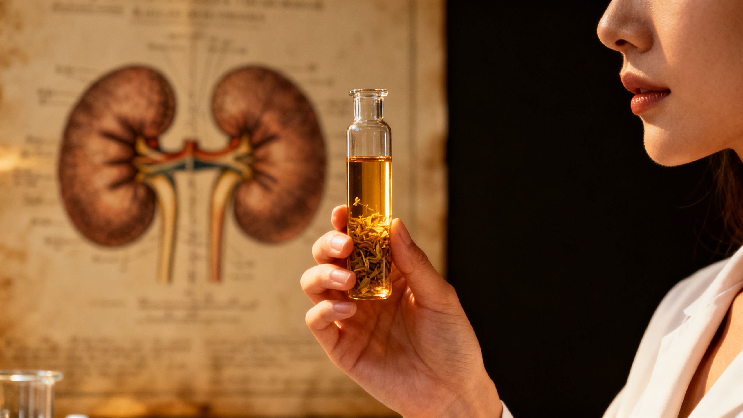 Une main de femme tenant délicatement une fiole en verre contenant une infusion dorée de plantes médicinales. En arrière-plan, un schéma anatomique vintage des reins est flouté. Lumière douce et dramatique, ambiance de laboratoire d'apothicaire moderne.