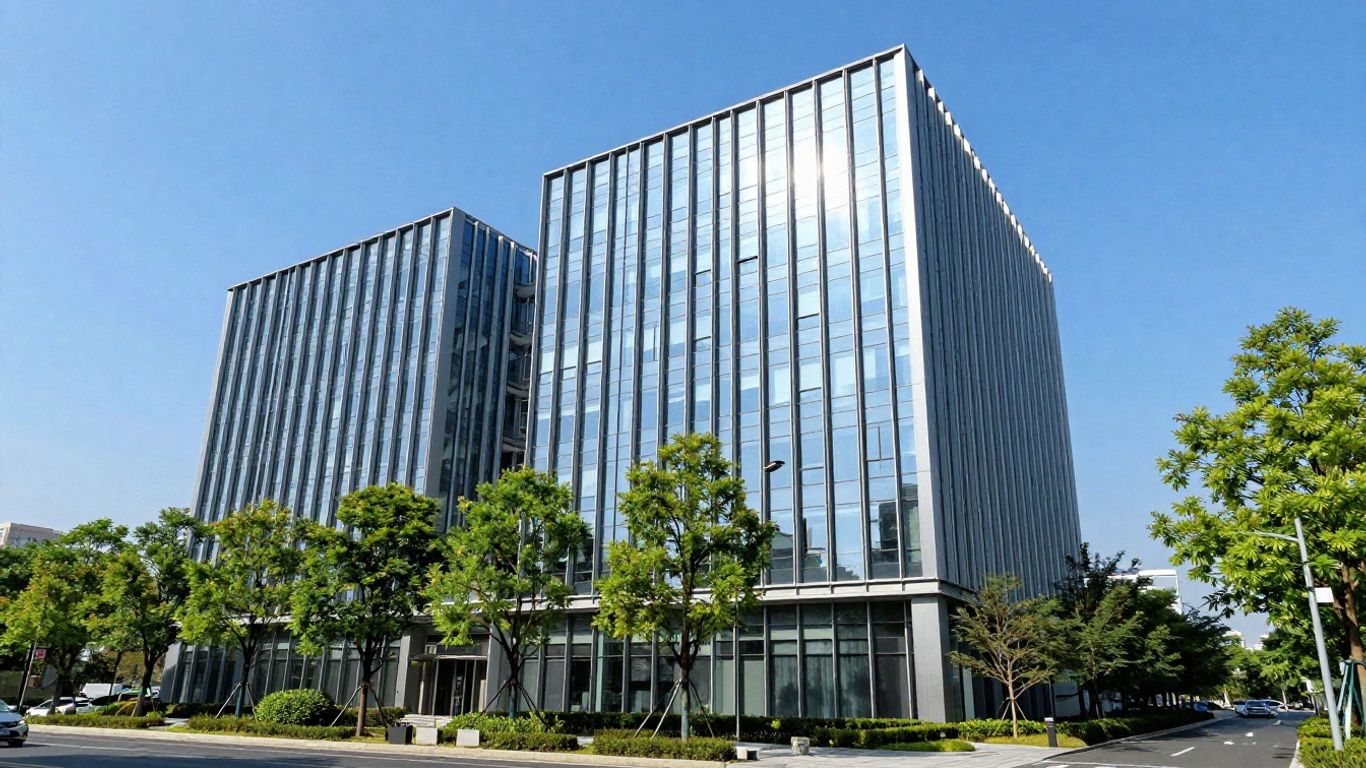 Edificio de oficinas moderno con cielo azul.