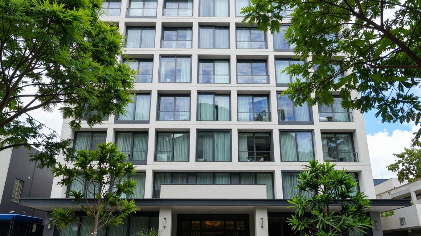 Oaks Sydney Central hotel exterior with trees.
