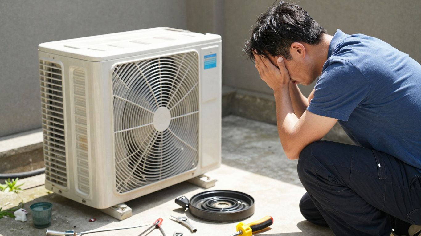 Frustrated homeowner with broken AC unit and scattered tools.