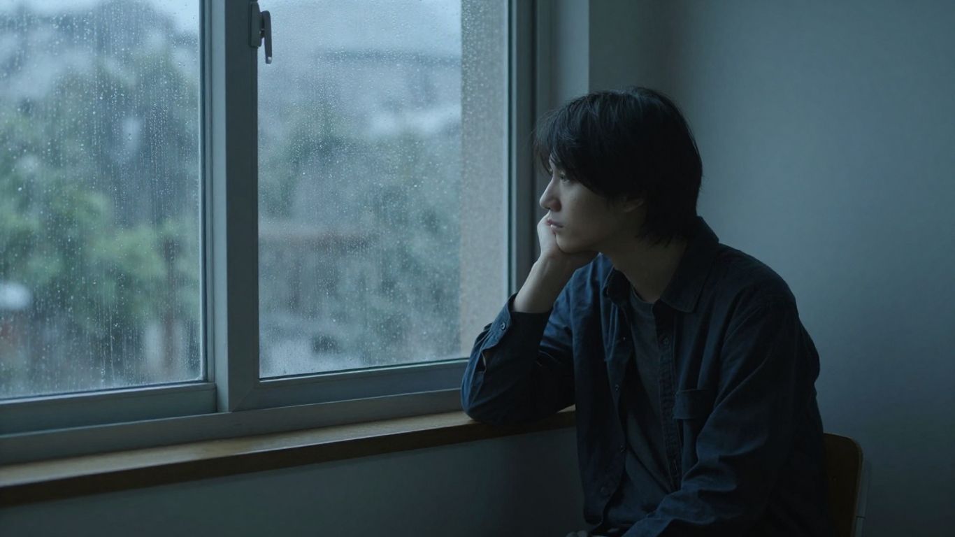 Quiet person sitting beside a rain-streaked window