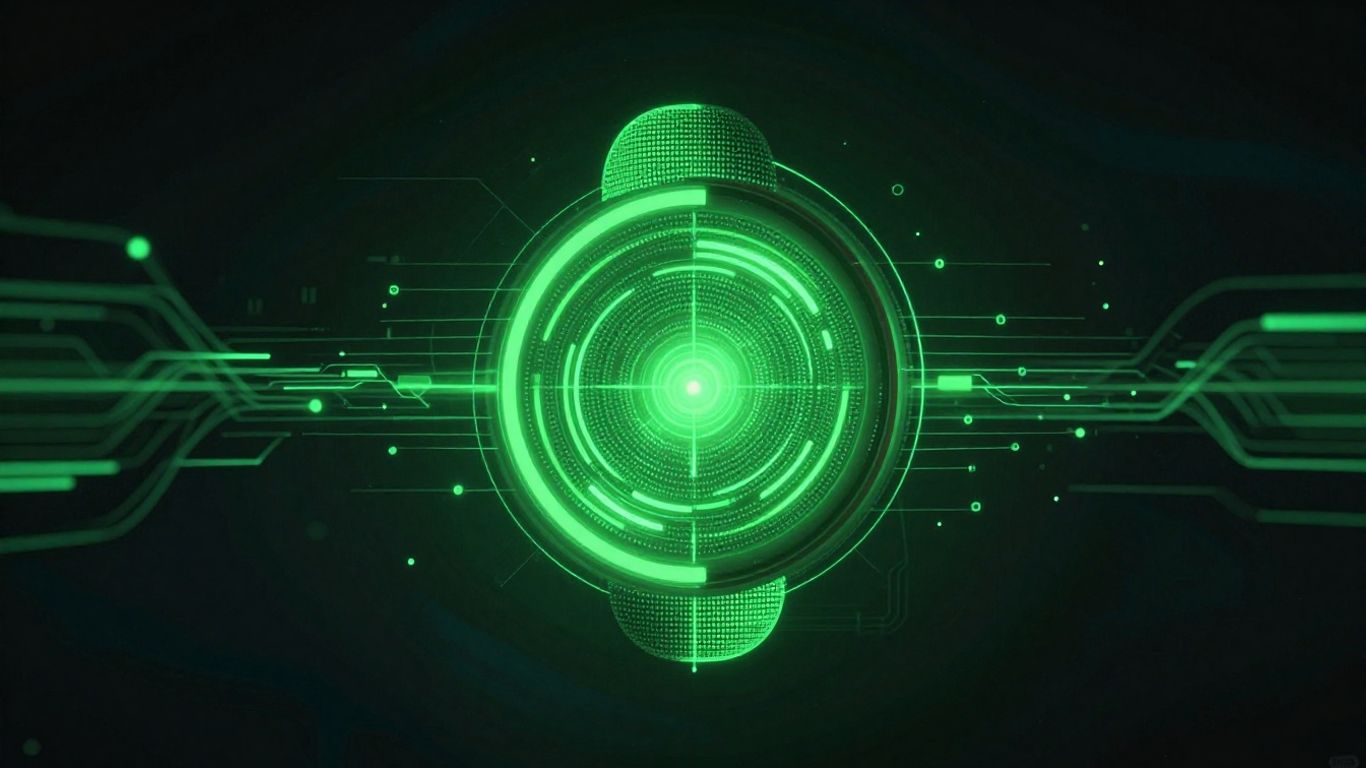 Green button interface with data streams.