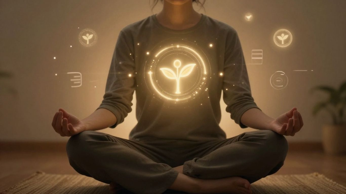 Person meditating with digital growth elements.