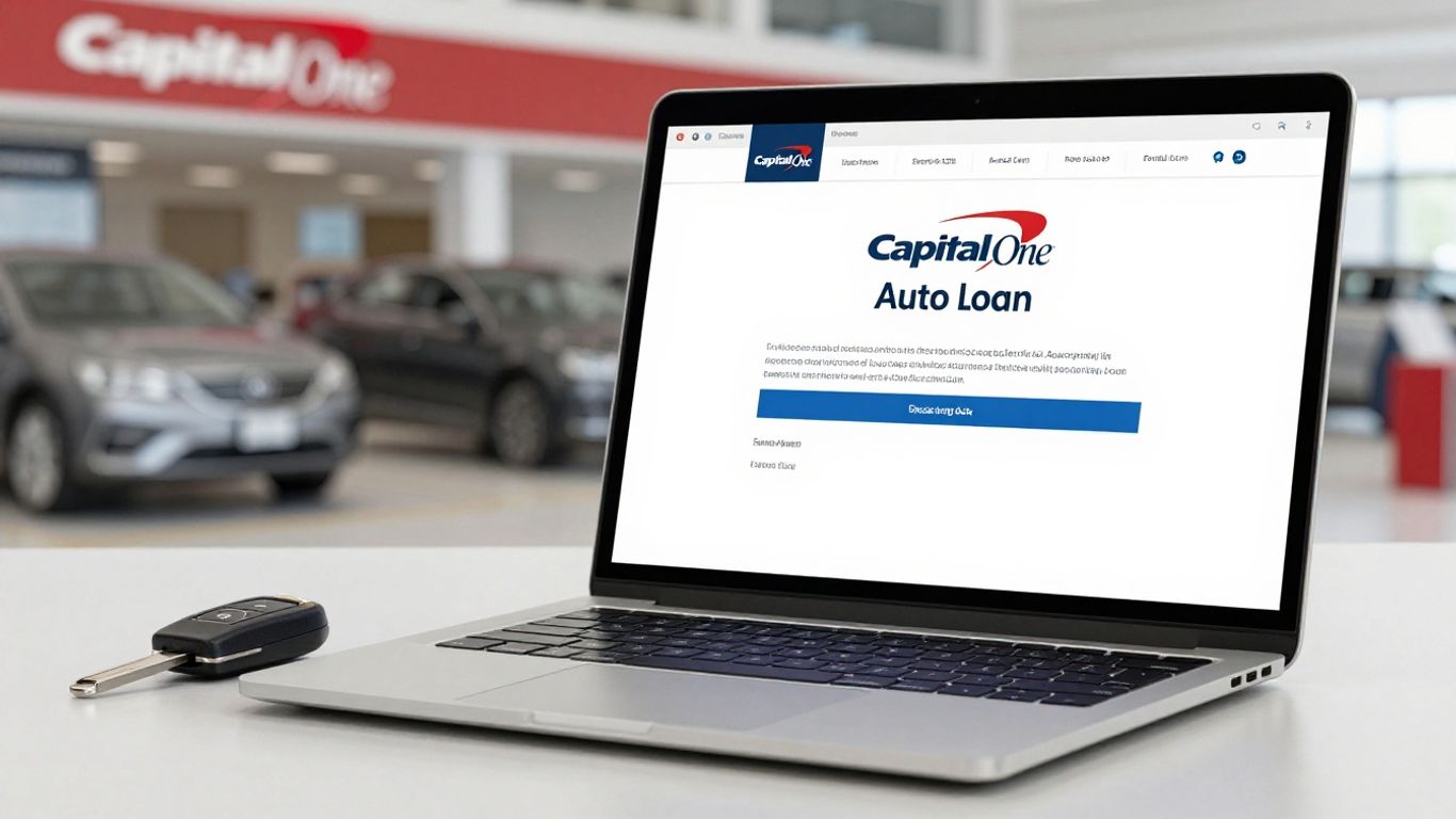 Capital One auto loan application on a laptop with car key.