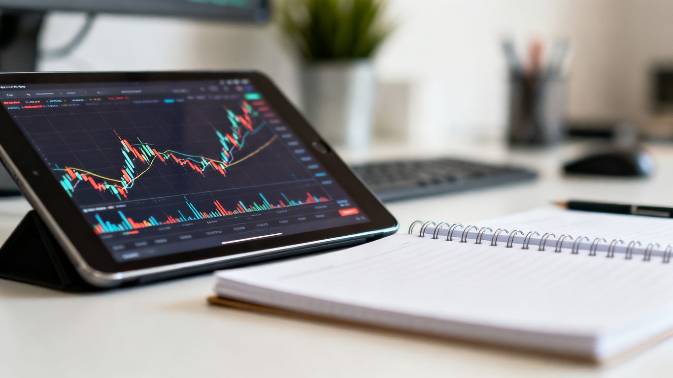 Desk with tablet showing abstract financial data patterns
