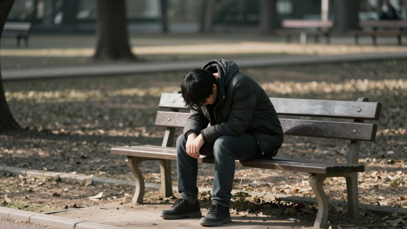 Person sitting alone on a park bench looking down.