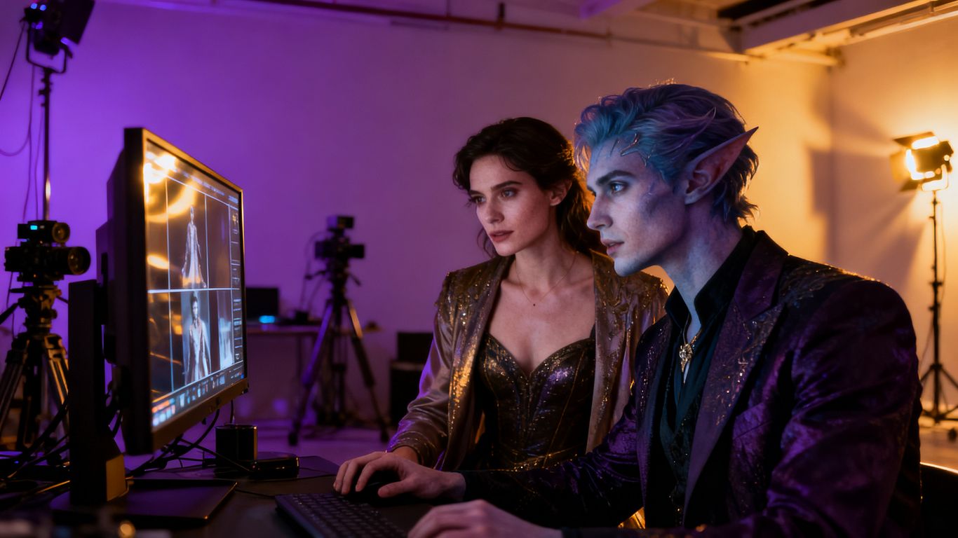 Adult fantasy filmmaker reviewing cinematic video frames