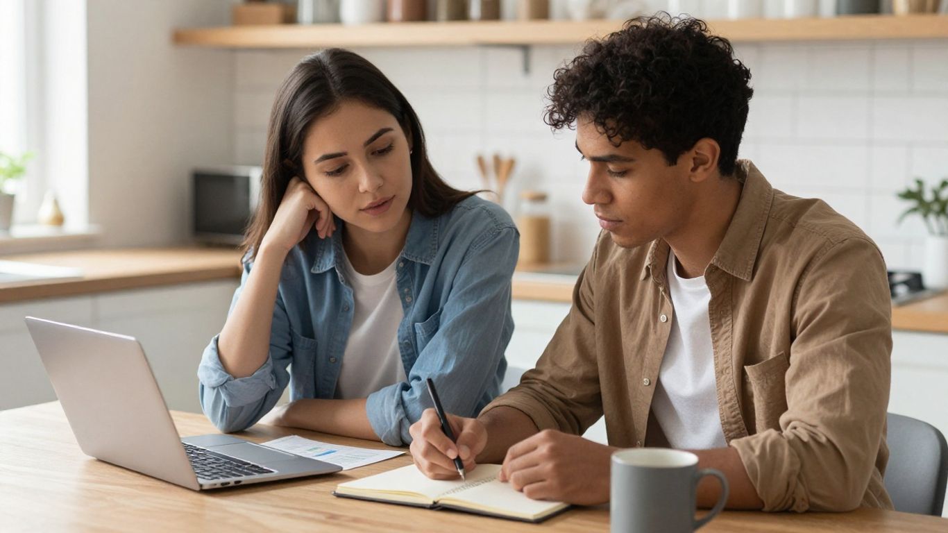 Pareja revisando sus finanzas en casa