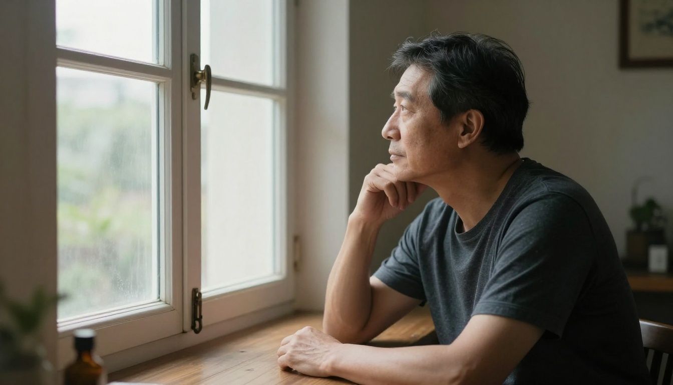 A thoughtful man in his 40s looking out a window, contemplating his health and well-being in a quiet, sunlit room.