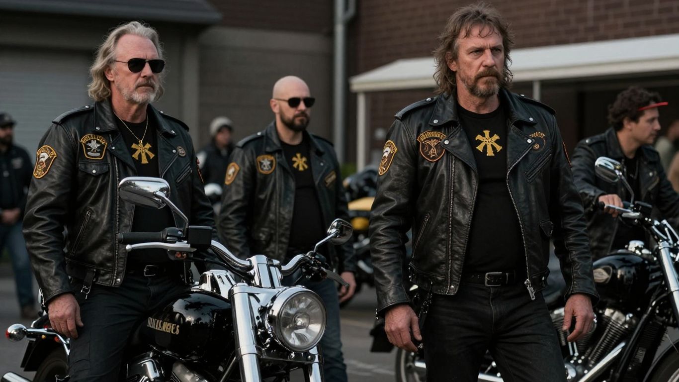 Leden van Hells Angels met leren jassen en motoren.