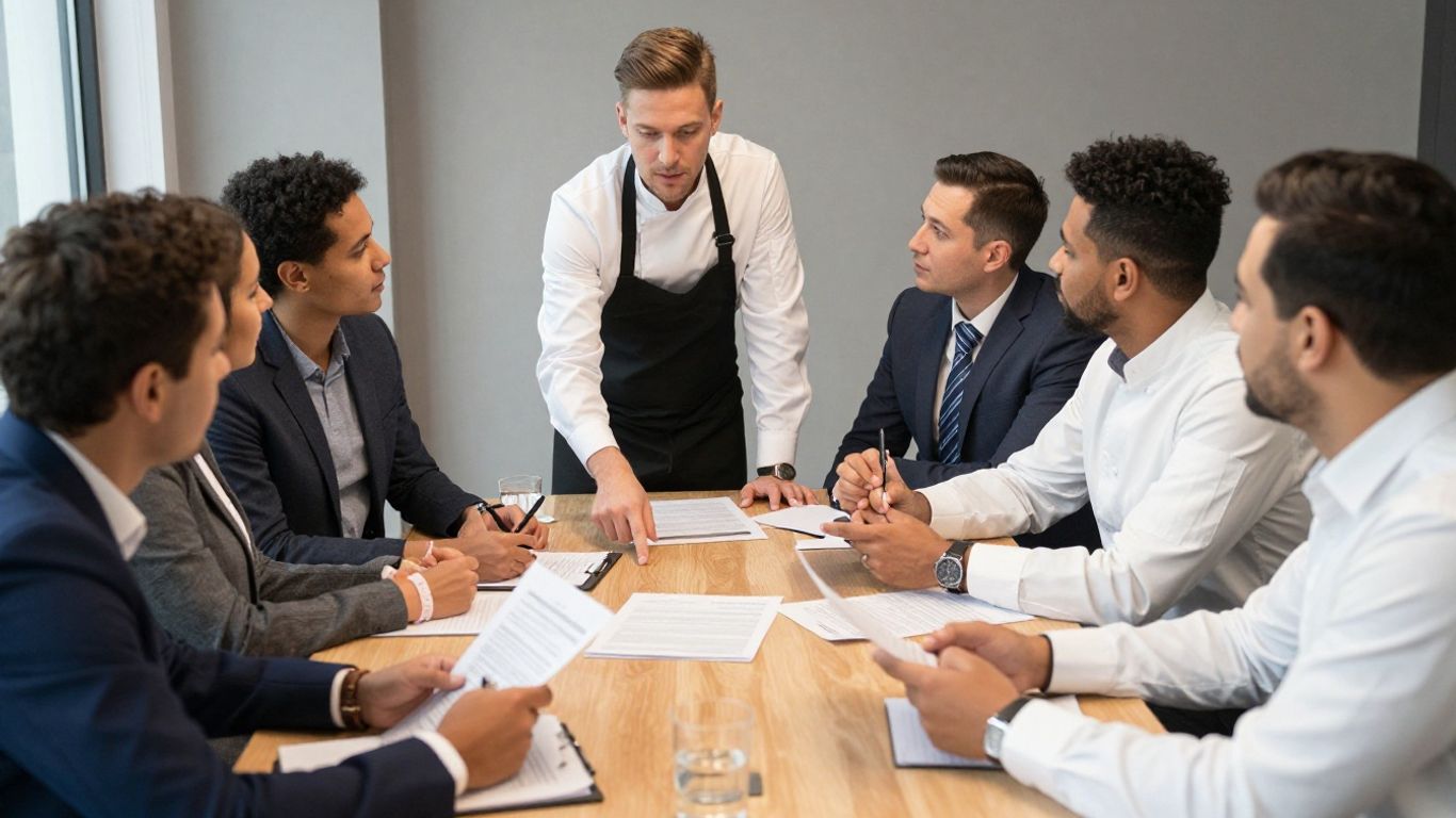 Équipe d'hôteliers discutant de recrutement et de besoins.