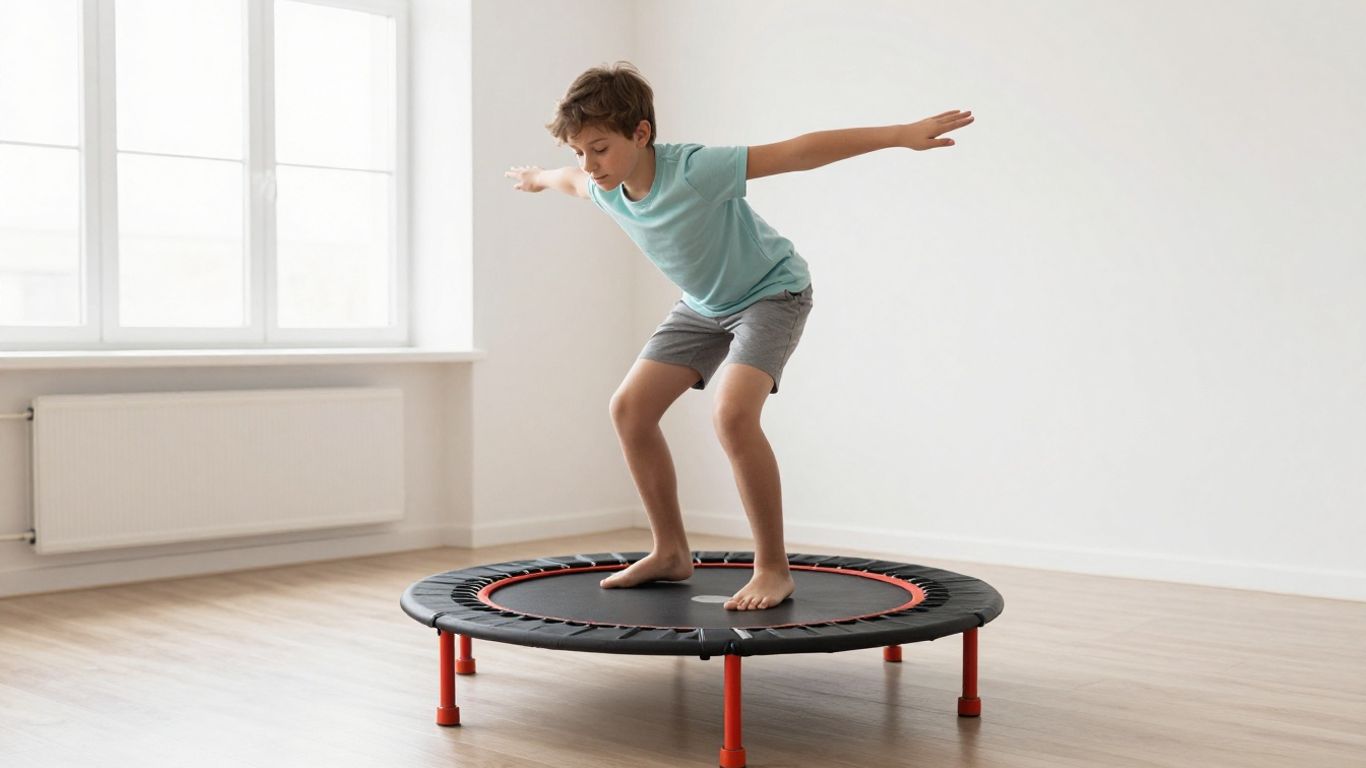 Beginner bouncing on a mini trampoline, low-impact exercise.