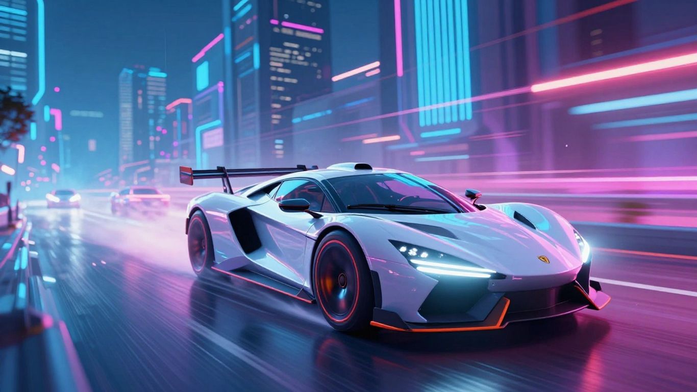 Futuristic cars racing in a neon digital game world.