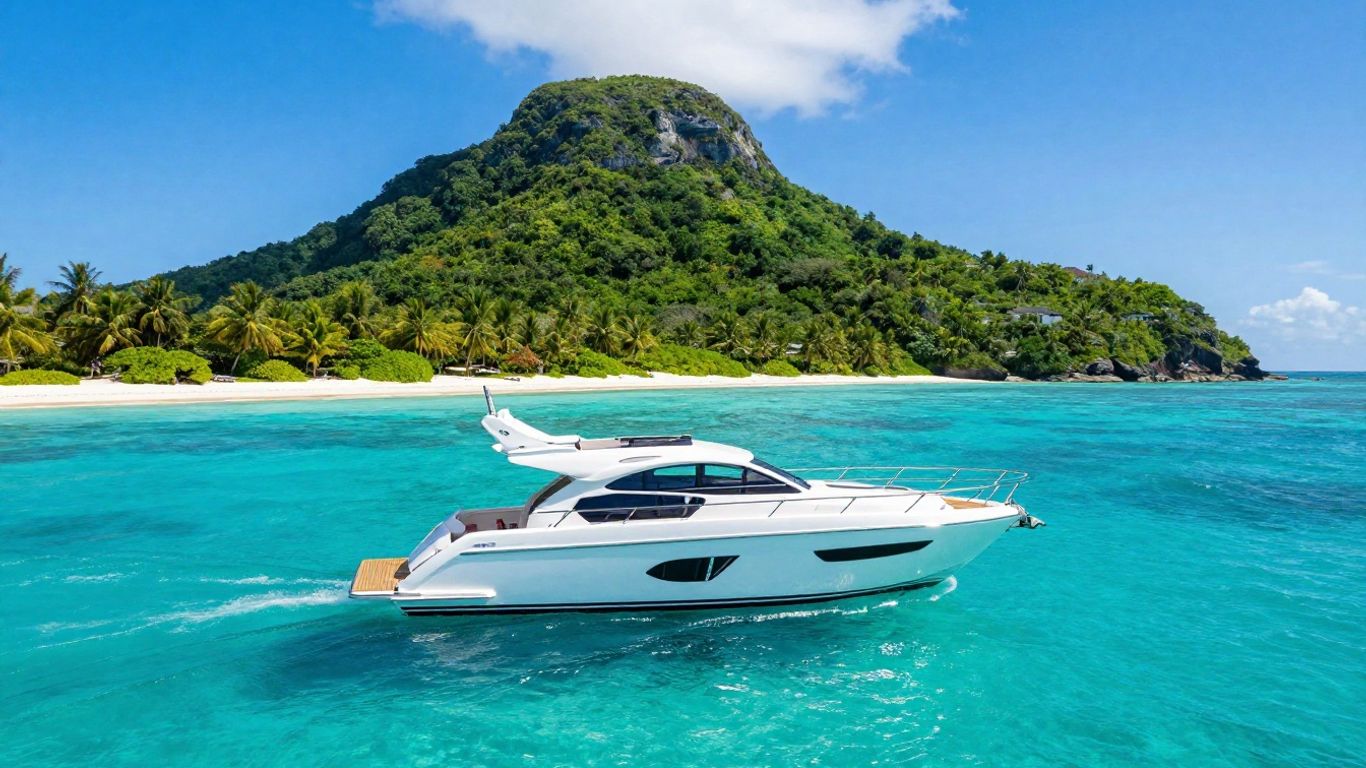 Luxury motor yacht sailing in Bahamas turquoise waters.
