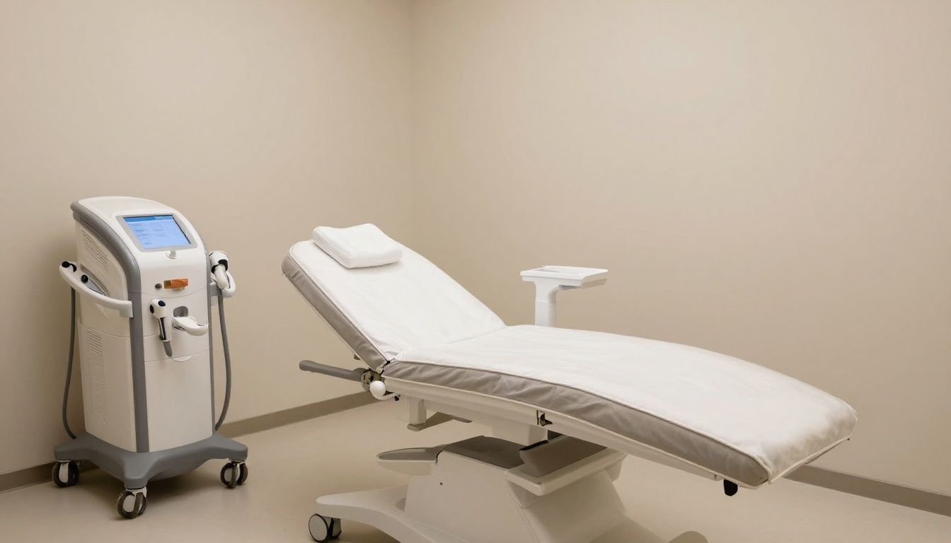 Photorealistic treatment room in a tranquil Saint Charles medical spa, with modern light-based skincare equipment, soft neutral colors, no text, no logos, and no recognizable faces
