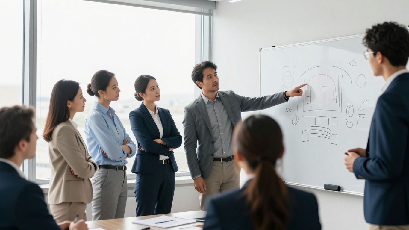Business professionals in a meeting discussing growth strategies.
