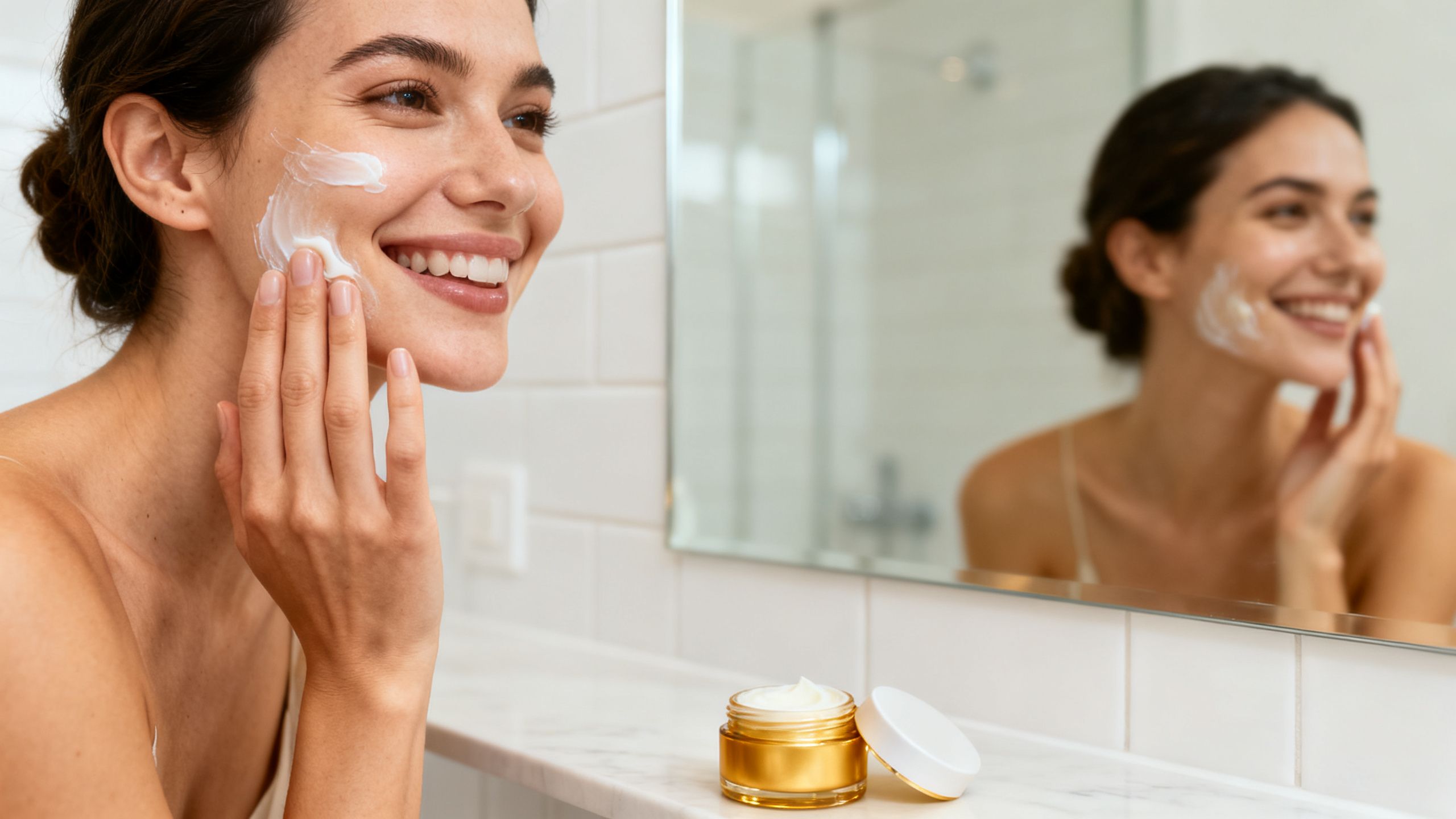 Une femme au sourire radieux applique délicatement une crème hydratante sur son visage, dans une salle de bain lumineuse et épurée.