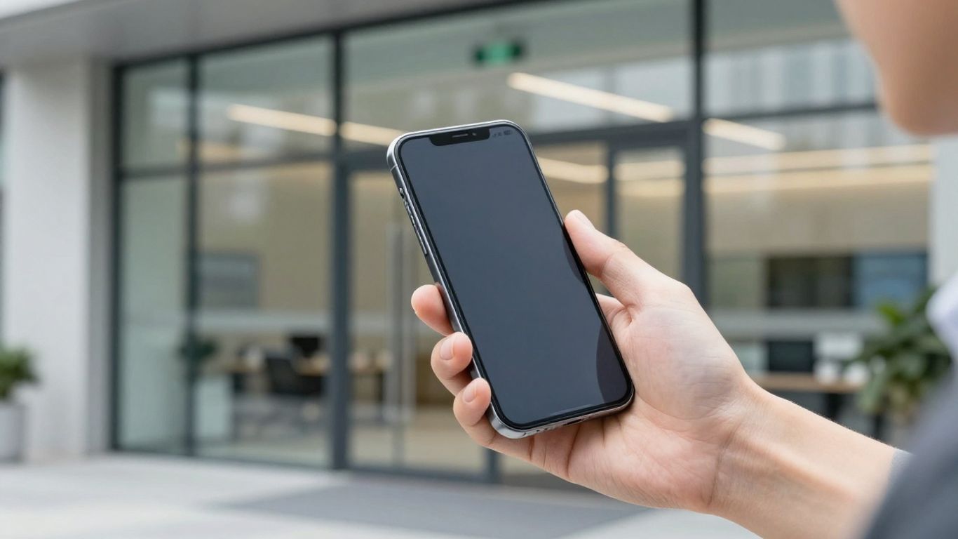 Smartphone beside secure building entrance
