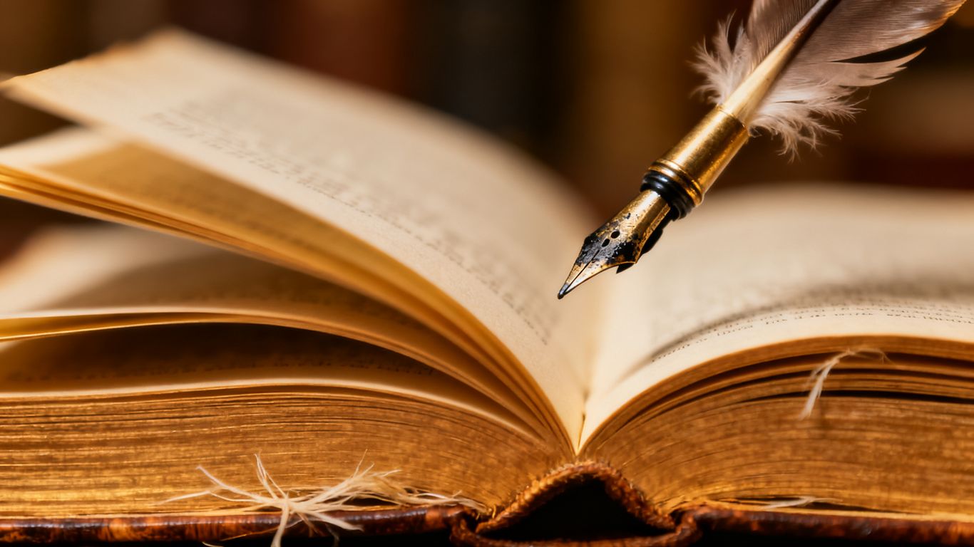 Open book with quill pen, ready to write.