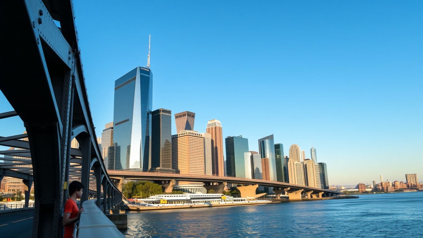 City skyline viewed from a nearby bridge