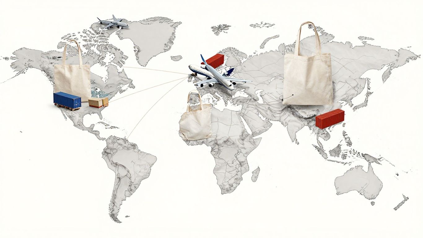 Global map with cotton tote bags and shipping logistics