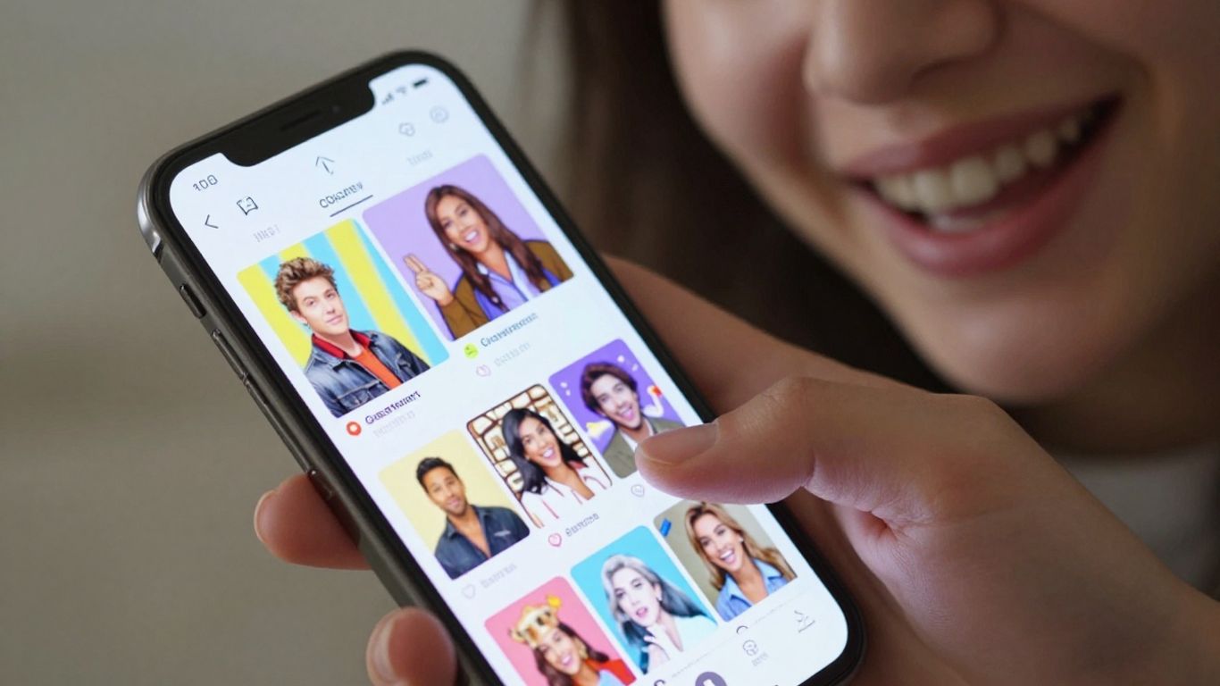 Pessoa sorrindo usando aplicativo de memes no celular.