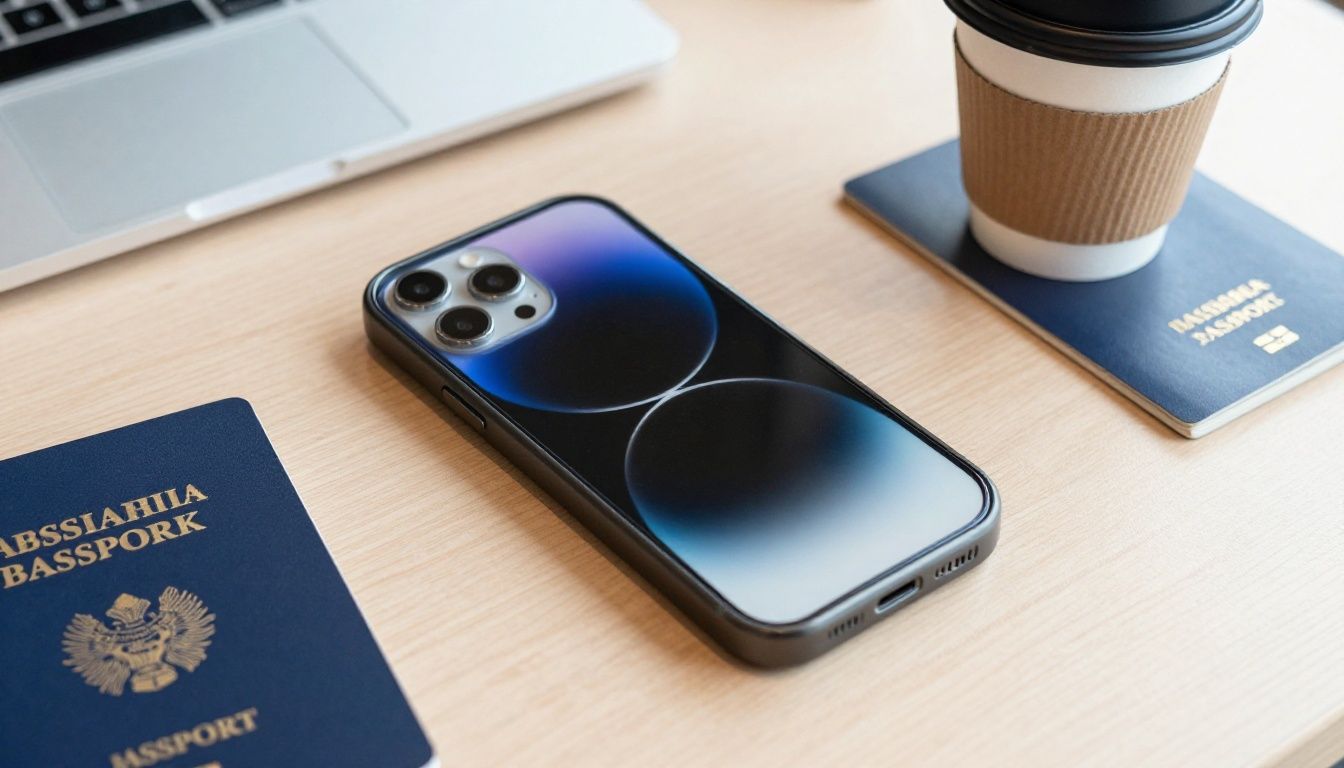 A person travelling through an Australian airport, with their iPhone 15 Pro in a slim travel case placed on a table next to a passport and coffee.