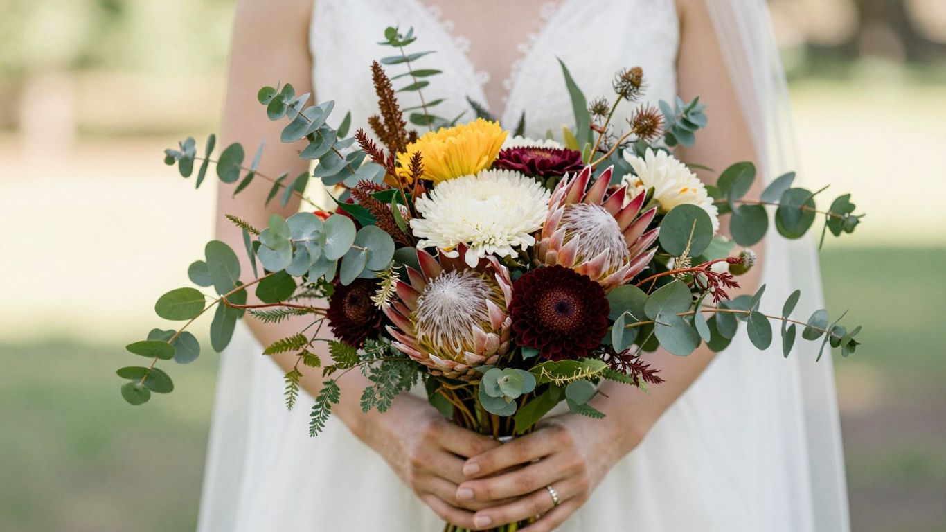 Bride holding a vibrant bouquet of Australian wildflowers.