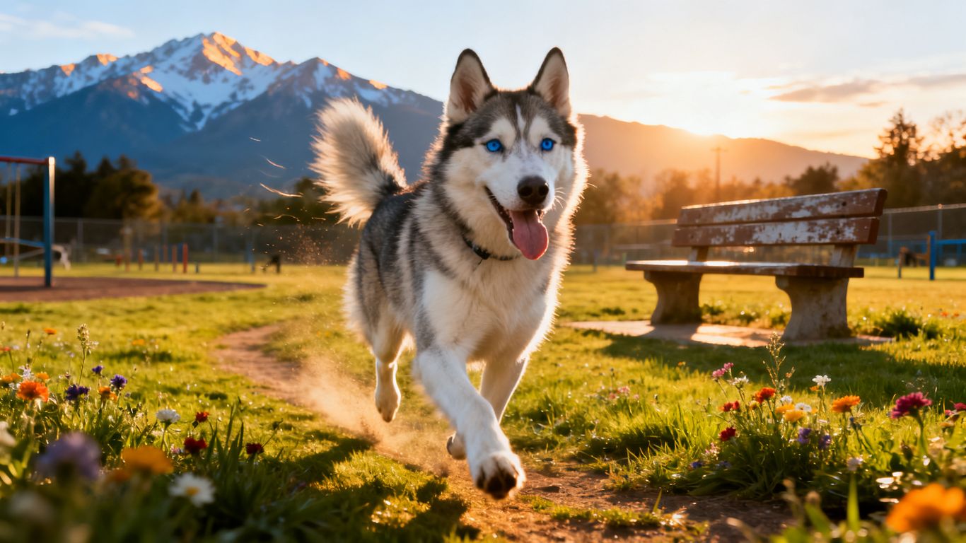 An active Siberian Husky playing in a local park