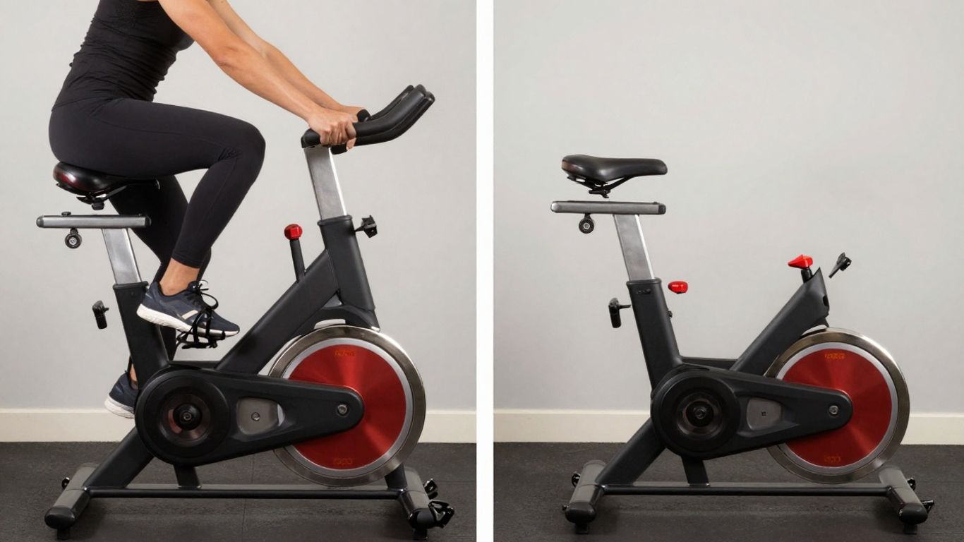 Bicicleta ergométrica e bicicleta de spinning lado a lado.