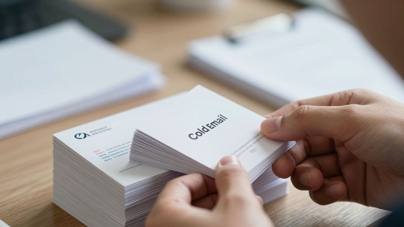 Hands organizing business contacts for cold email list building.