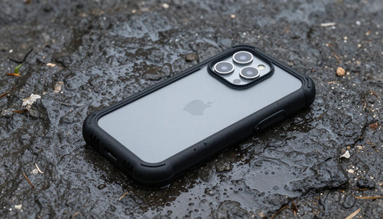 A generic smartphone in a rugged, black protective case resting on a wet, rocky surface next to a puddle.